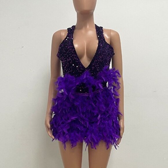Dresses & Skirts - Purple Sequin & Feather Mini Dress